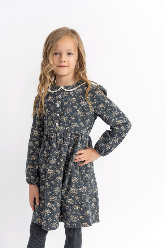 Flower Dress With Trim Collar