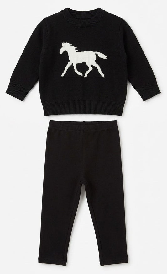 Girls Knit And Fleece 2 PC With Horse Jacquard