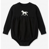 Girls black knit fleece bubble bodysuit with horse jacquard chest graphic