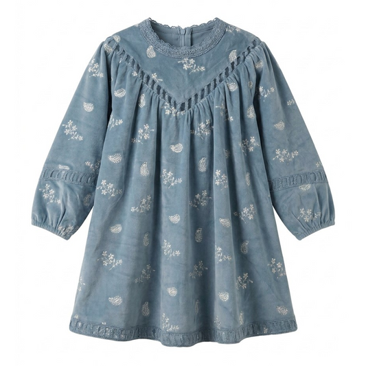 Girls velour dress with lace-look neckline, long sleeves, and allover embroidered pattern