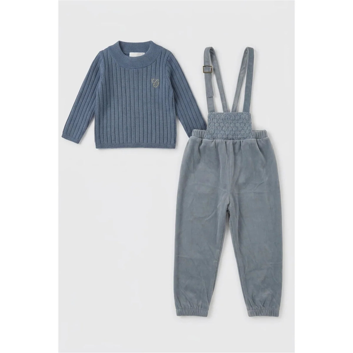 Baby knit top and overall set: blue long-sleeve sweater with gray overall pants