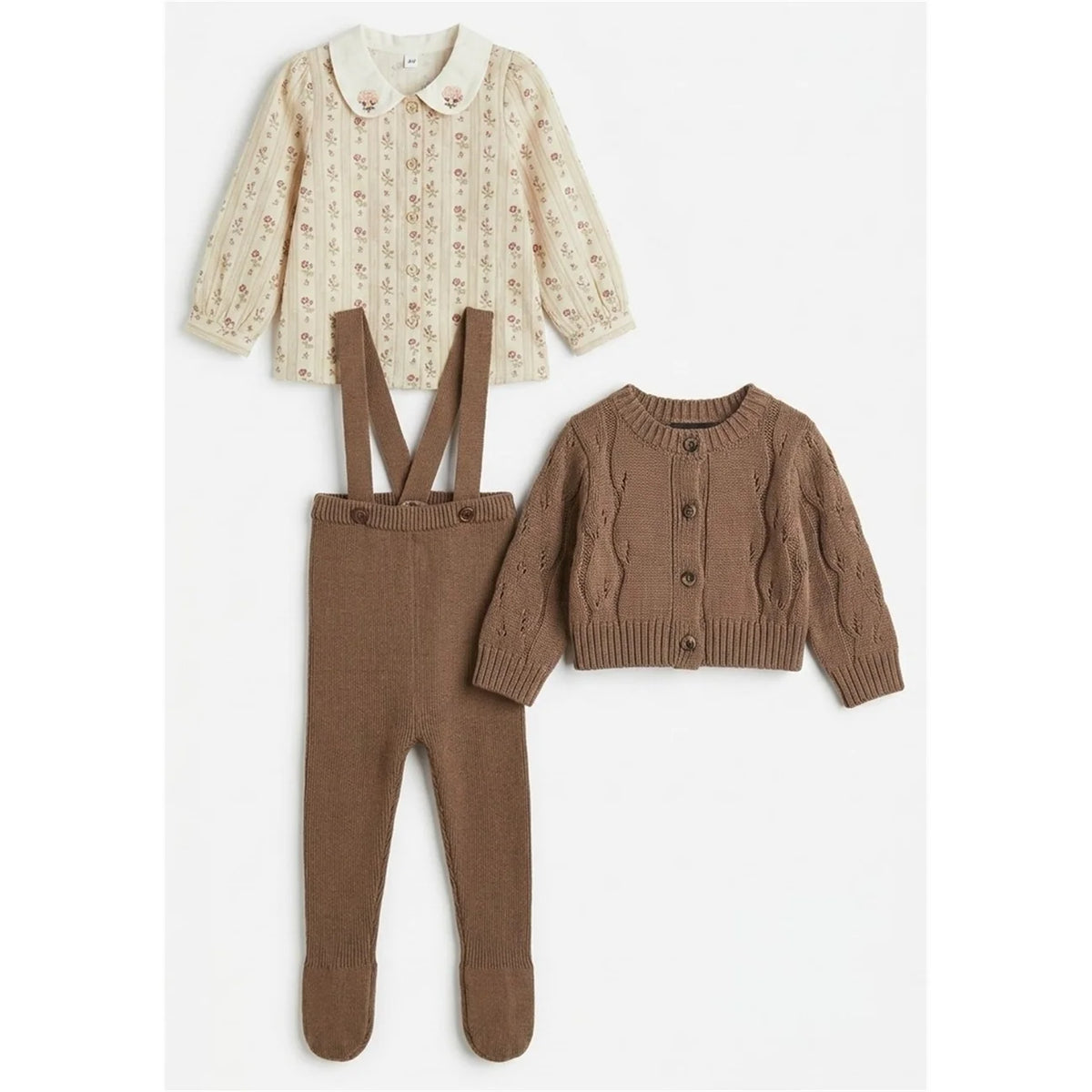Baby girl knit cardigan and printed woven blouse set with brown knit overalls