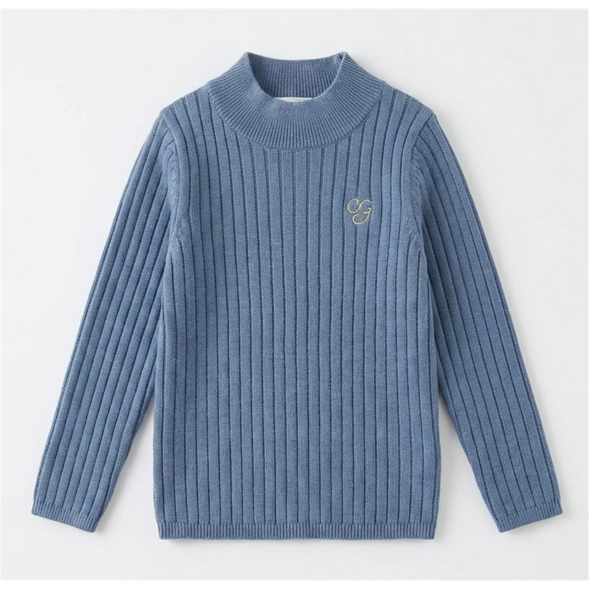 Boys mock neck knitted rib top, blue knit with long sleeves and small chest logo
