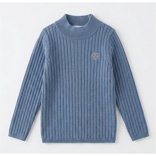 Boys mock neck knitted rib top, blue knit with long sleeves and small chest logo