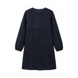 Girls pleated long-sleeve dress, dark navy with gathered skirt and scalloped hem